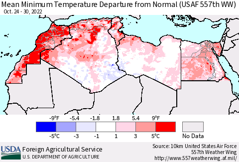 North Africa Mean Minimum Temperature Departure from Normal (USAF 557th WW) Thematic Map For 10/24/2022 - 10/30/2022