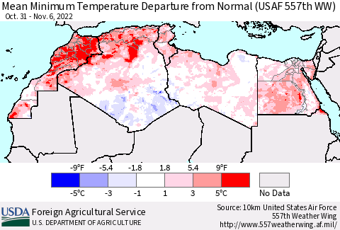 North Africa Mean Minimum Temperature Departure from Normal (USAF 557th WW) Thematic Map For 10/31/2022 - 11/6/2022