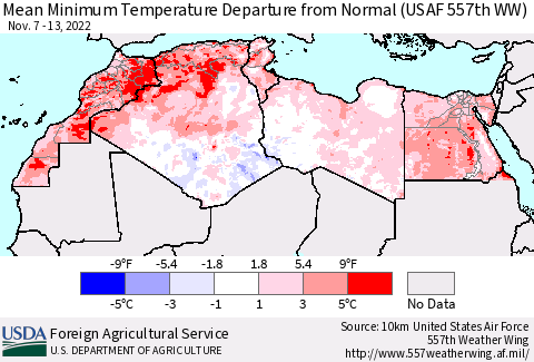 North Africa Mean Minimum Temperature Departure from Normal (USAF 557th WW) Thematic Map For 11/7/2022 - 11/13/2022
