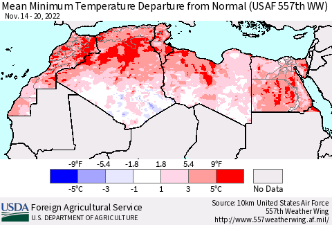 North Africa Mean Minimum Temperature Departure from Normal (USAF 557th WW) Thematic Map For 11/14/2022 - 11/20/2022