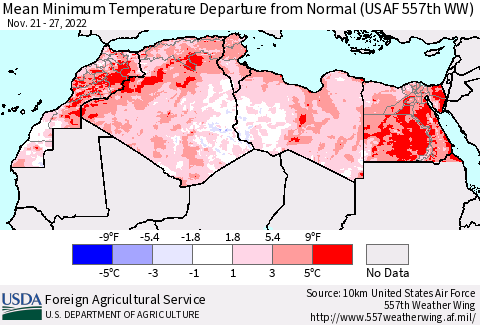 North Africa Mean Minimum Temperature Departure from Normal (USAF 557th WW) Thematic Map For 11/21/2022 - 11/27/2022