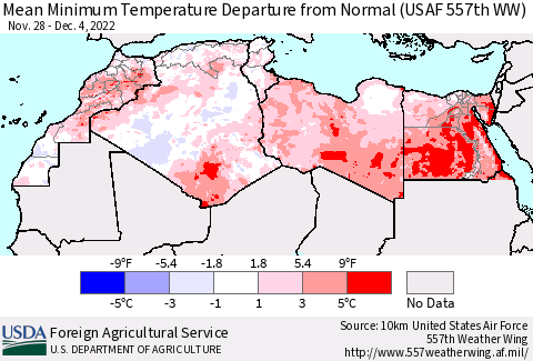 North Africa Mean Minimum Temperature Departure from Normal (USAF 557th WW) Thematic Map For 11/28/2022 - 12/4/2022