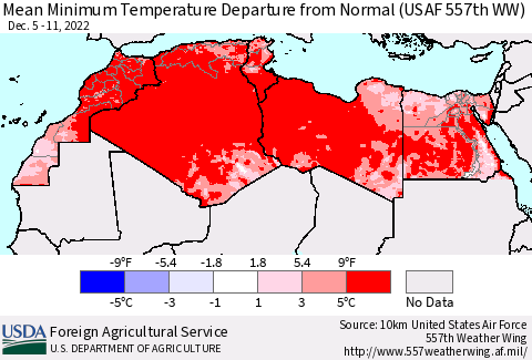 North Africa Mean Minimum Temperature Departure from Normal (USAF 557th WW) Thematic Map For 12/5/2022 - 12/11/2022