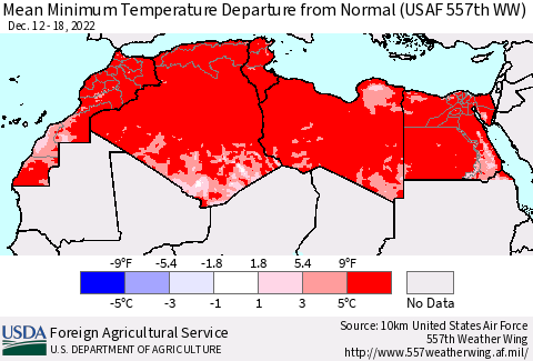 North Africa Mean Minimum Temperature Departure from Normal (USAF 557th WW) Thematic Map For 12/12/2022 - 12/18/2022