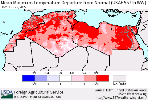 North Africa Mean Minimum Temperature Departure from Normal (USAF 557th WW) Thematic Map For 12/19/2022 - 12/25/2022