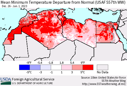 North Africa Mean Minimum Temperature Departure from Normal (USAF 557th WW) Thematic Map For 12/26/2022 - 1/1/2023