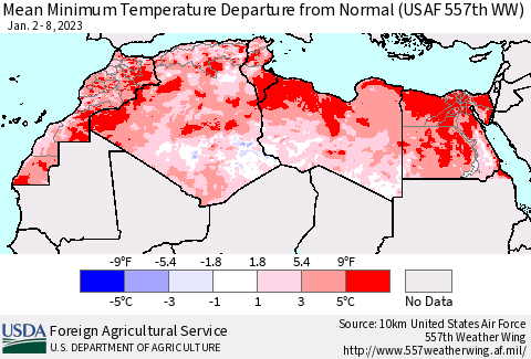 North Africa Mean Minimum Temperature Departure from Normal (USAF 557th WW) Thematic Map For 1/2/2023 - 1/8/2023