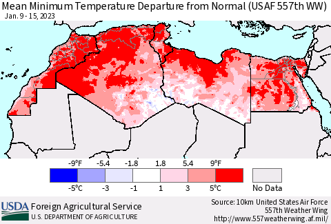 North Africa Mean Minimum Temperature Departure from Normal (USAF 557th WW) Thematic Map For 1/9/2023 - 1/15/2023