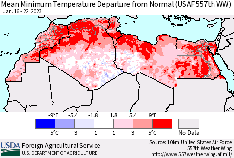 North Africa Mean Minimum Temperature Departure from Normal (USAF 557th WW) Thematic Map For 1/16/2023 - 1/22/2023