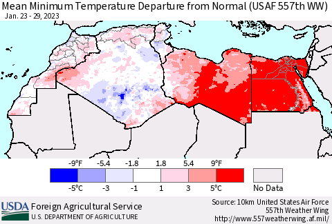 North Africa Mean Minimum Temperature Departure from Normal (USAF 557th WW) Thematic Map For 1/23/2023 - 1/29/2023