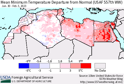 North Africa Mean Minimum Temperature Departure from Normal (USAF 557th WW) Thematic Map For 1/30/2023 - 2/5/2023