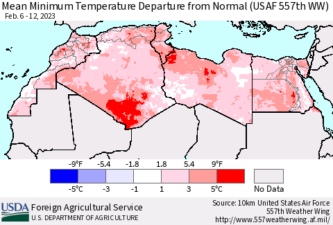 North Africa Mean Minimum Temperature Departure from Normal (USAF 557th WW) Thematic Map For 2/6/2023 - 2/12/2023