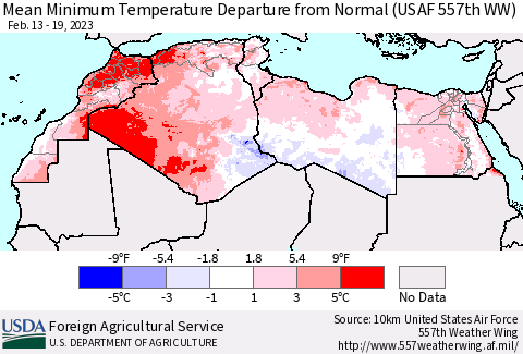 North Africa Mean Minimum Temperature Departure from Normal (USAF 557th WW) Thematic Map For 2/13/2023 - 2/19/2023