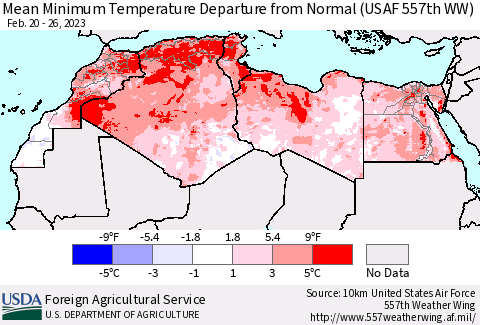 North Africa Mean Minimum Temperature Departure from Normal (USAF 557th WW) Thematic Map For 2/20/2023 - 2/26/2023