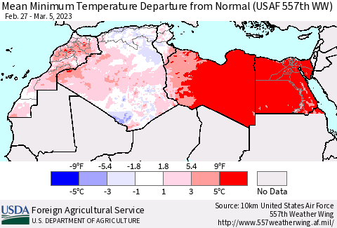 North Africa Mean Minimum Temperature Departure from Normal (USAF 557th WW) Thematic Map For 2/27/2023 - 3/5/2023