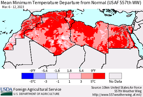 North Africa Mean Minimum Temperature Departure from Normal (USAF 557th WW) Thematic Map For 3/6/2023 - 3/12/2023
