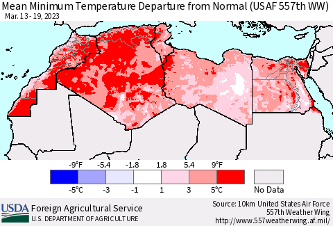 North Africa Mean Minimum Temperature Departure from Normal (USAF 557th WW) Thematic Map For 3/13/2023 - 3/19/2023