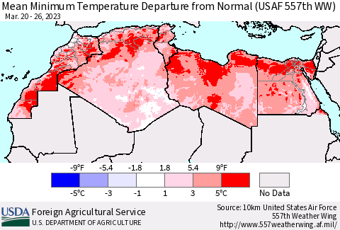 North Africa Mean Minimum Temperature Departure from Normal (USAF 557th WW) Thematic Map For 3/20/2023 - 3/26/2023