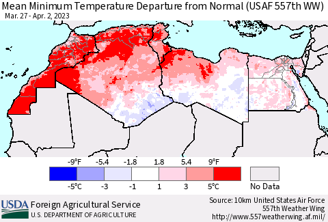 North Africa Mean Minimum Temperature Departure from Normal (USAF 557th WW) Thematic Map For 3/27/2023 - 4/2/2023