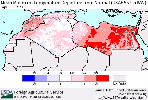 North Africa Mean Minimum Temperature Departure from Normal (USAF 557th WW) Thematic Map For 4/3/2023 - 4/9/2023