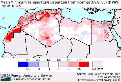 North Africa Mean Minimum Temperature Departure from Normal (USAF 557th WW) Thematic Map For 4/10/2023 - 4/16/2023