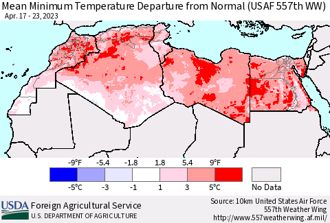 North Africa Mean Minimum Temperature Departure from Normal (USAF 557th WW) Thematic Map For 4/17/2023 - 4/23/2023