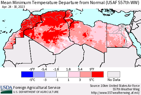 North Africa Mean Minimum Temperature Departure from Normal (USAF 557th WW) Thematic Map For 4/24/2023 - 4/30/2023