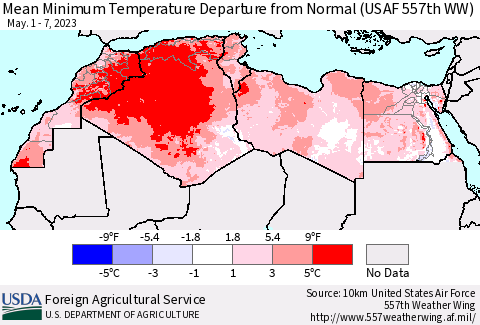 North Africa Mean Minimum Temperature Departure from Normal (USAF 557th WW) Thematic Map For 5/1/2023 - 5/7/2023