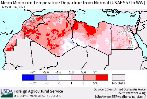 North Africa Mean Minimum Temperature Departure from Normal (USAF 557th WW) Thematic Map For 5/8/2023 - 5/14/2023