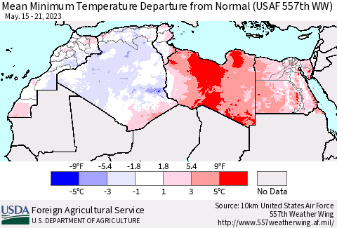 North Africa Mean Minimum Temperature Departure from Normal (USAF 557th WW) Thematic Map For 5/15/2023 - 5/21/2023