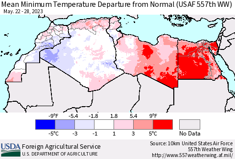 North Africa Mean Minimum Temperature Departure from Normal (USAF 557th WW) Thematic Map For 5/22/2023 - 5/28/2023