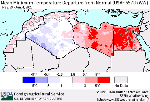 North Africa Mean Minimum Temperature Departure from Normal (USAF 557th WW) Thematic Map For 5/29/2023 - 6/4/2023