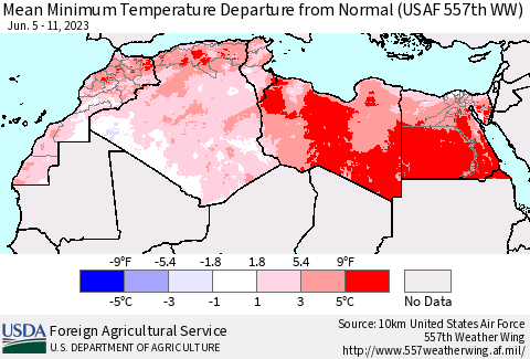 North Africa Mean Minimum Temperature Departure from Normal (USAF 557th WW) Thematic Map For 6/5/2023 - 6/11/2023