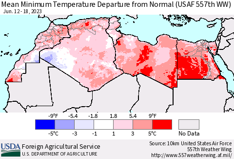 North Africa Mean Minimum Temperature Departure from Normal (USAF 557th WW) Thematic Map For 6/12/2023 - 6/18/2023