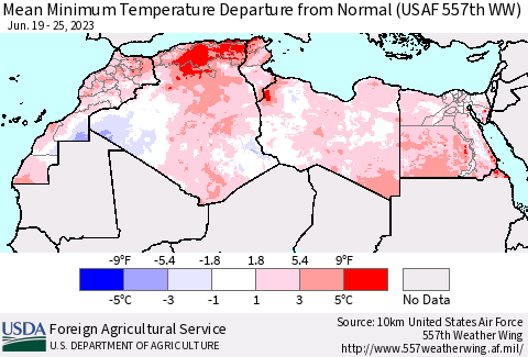 North Africa Mean Minimum Temperature Departure from Normal (USAF 557th WW) Thematic Map For 6/19/2023 - 6/25/2023