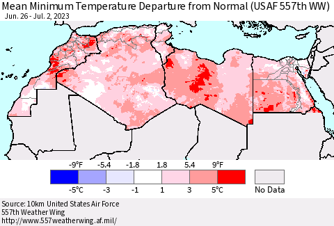 North Africa Mean Minimum Temperature Departure from Normal (USAF 557th WW) Thematic Map For 6/26/2023 - 7/2/2023