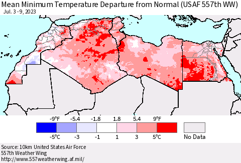 North Africa Mean Minimum Temperature Departure from Normal (USAF 557th WW) Thematic Map For 7/3/2023 - 7/9/2023