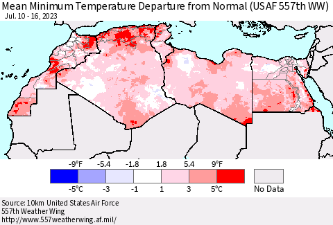 North Africa Mean Minimum Temperature Departure from Normal (USAF 557th WW) Thematic Map For 7/10/2023 - 7/16/2023