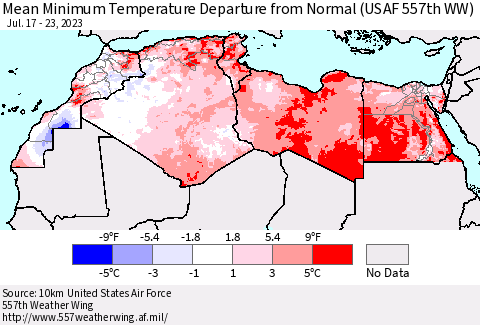 North Africa Mean Minimum Temperature Departure from Normal (USAF 557th WW) Thematic Map For 7/17/2023 - 7/23/2023