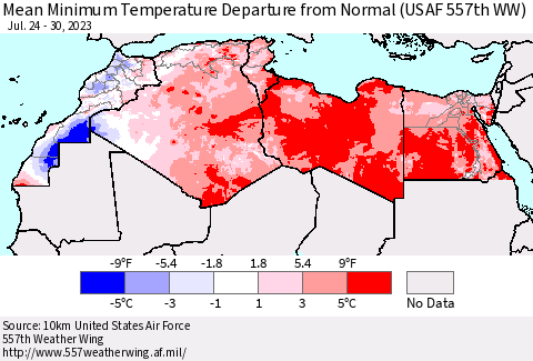 North Africa Mean Minimum Temperature Departure from Normal (USAF 557th WW) Thematic Map For 7/24/2023 - 7/30/2023