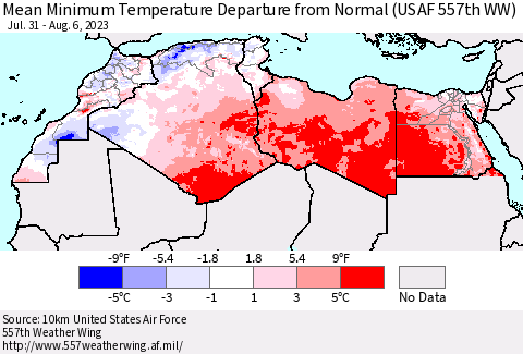 North Africa Mean Minimum Temperature Departure from Normal (USAF 557th WW) Thematic Map For 7/31/2023 - 8/6/2023