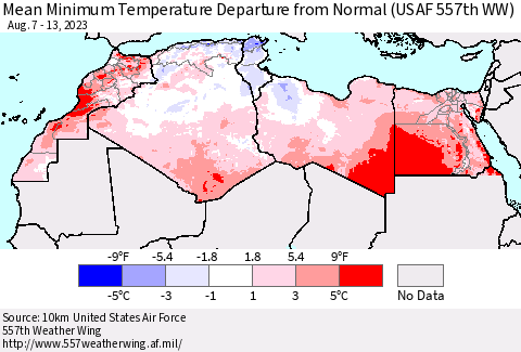 North Africa Mean Minimum Temperature Departure from Normal (USAF 557th WW) Thematic Map For 8/7/2023 - 8/13/2023