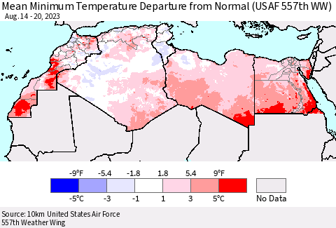 North Africa Mean Minimum Temperature Departure from Normal (USAF 557th WW) Thematic Map For 8/14/2023 - 8/20/2023