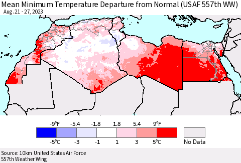 North Africa Mean Minimum Temperature Departure from Normal (USAF 557th WW) Thematic Map For 8/21/2023 - 8/27/2023