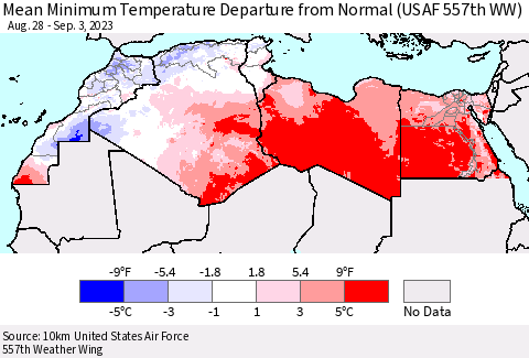 North Africa Mean Minimum Temperature Departure from Normal (USAF 557th WW) Thematic Map For 8/28/2023 - 9/3/2023