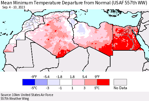 North Africa Mean Minimum Temperature Departure from Normal (USAF 557th WW) Thematic Map For 9/4/2023 - 9/10/2023