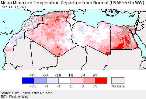North Africa Mean Minimum Temperature Departure from Normal (USAF 557th WW) Thematic Map For 9/11/2023 - 9/17/2023