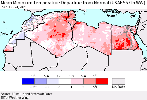 North Africa Mean Minimum Temperature Departure from Normal (USAF 557th WW) Thematic Map For 9/18/2023 - 9/24/2023