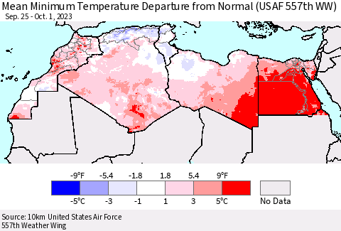 North Africa Mean Minimum Temperature Departure from Normal (USAF 557th WW) Thematic Map For 9/25/2023 - 10/1/2023