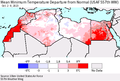 North Africa Mean Minimum Temperature Departure from Normal (USAF 557th WW) Thematic Map For 10/2/2023 - 10/8/2023